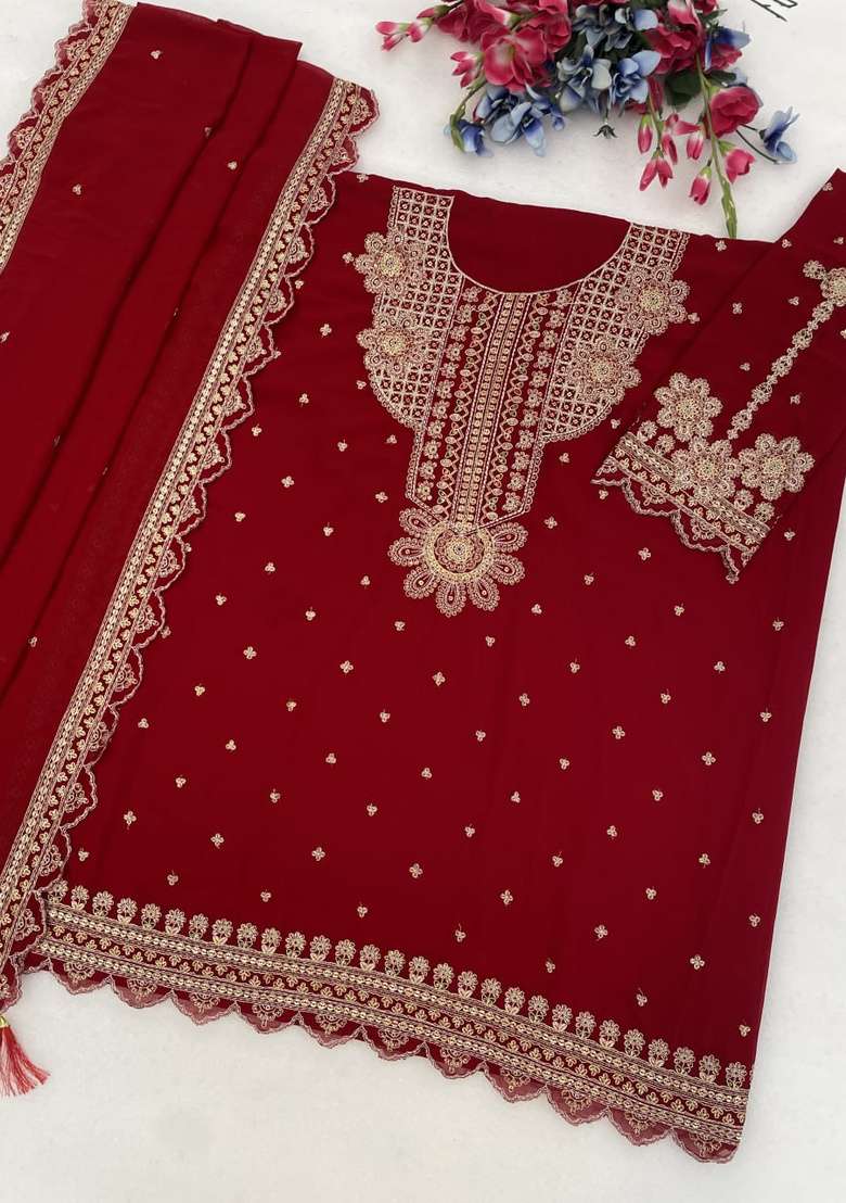 Red Embroidered Georgette Kurta Set - Indya