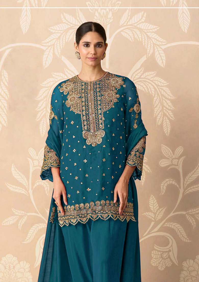Rama Embroidered Georgette Kurta Set - Indya