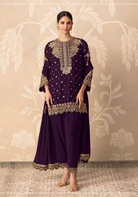 Purple Embroidered Georgette Kurta Set