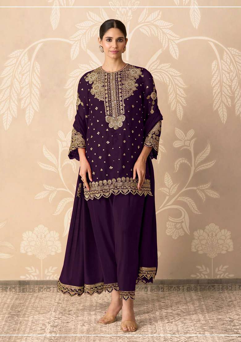 Purple Embroidered Georgette Kurta Set - Indya