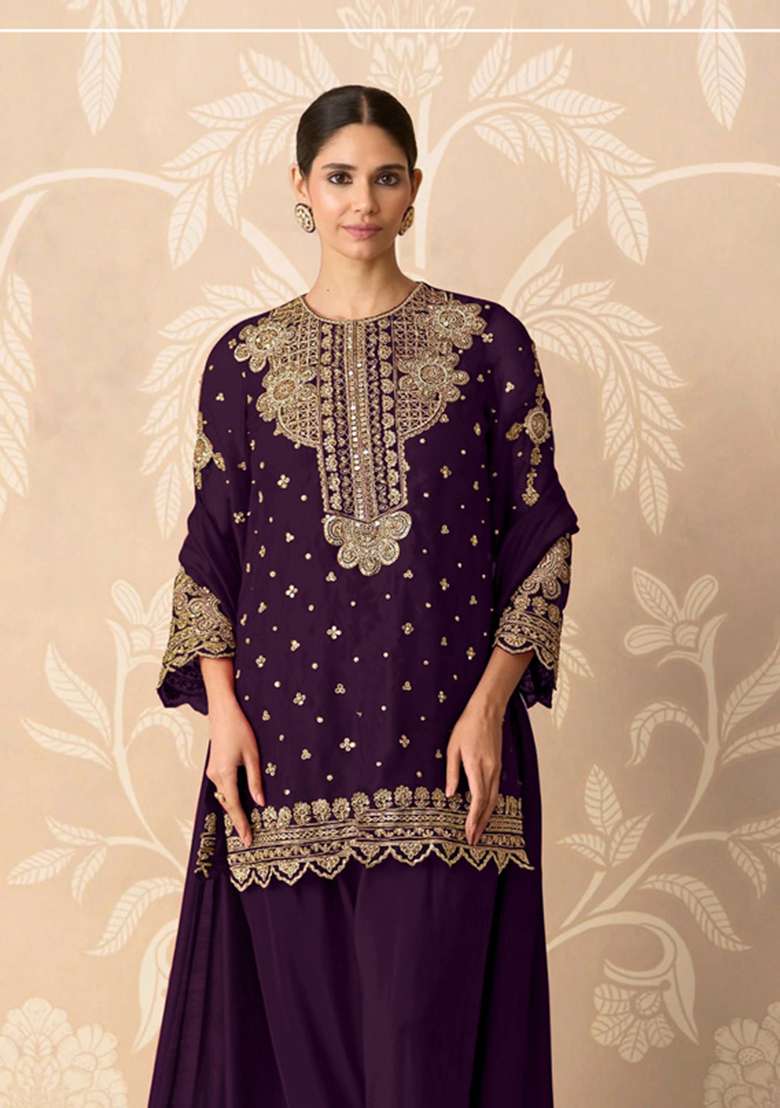 Purple Embroidered Georgette Kurta Set - Indya