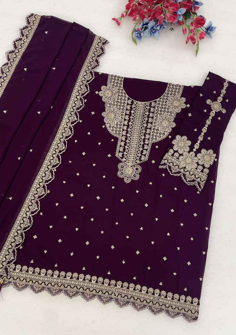 Purple Embroidered Georgette Kurta Set - Indya
