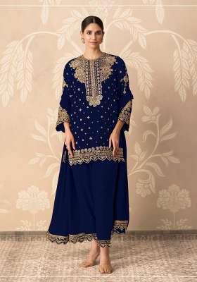 Blue Embroidered Georgette Kurta Set