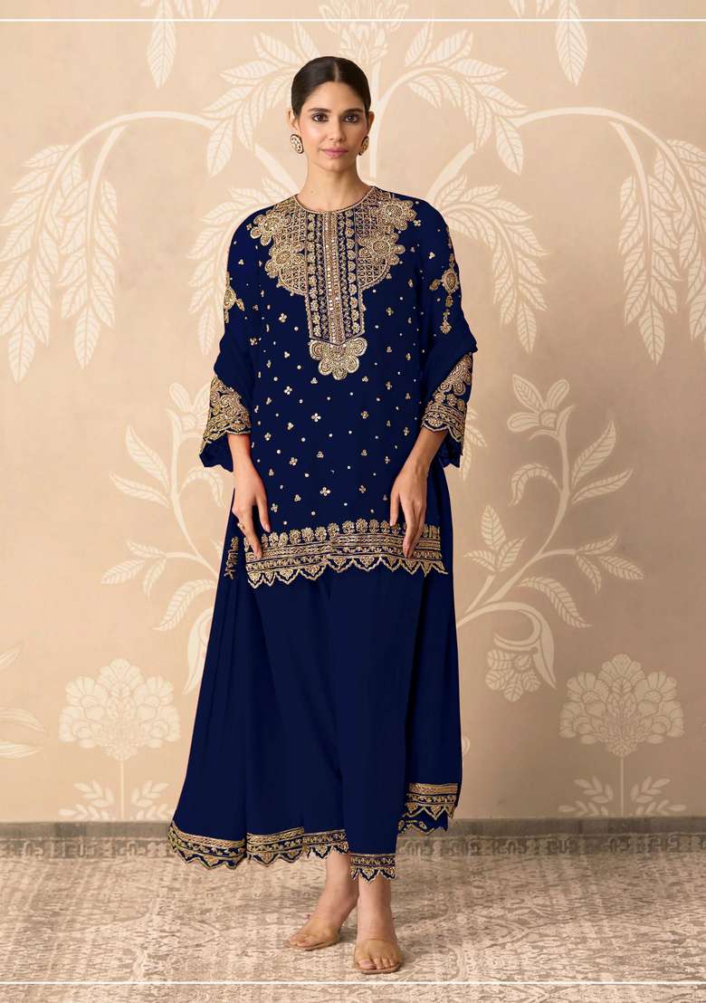 Blue Embroidered Georgette Kurta Set - Indya