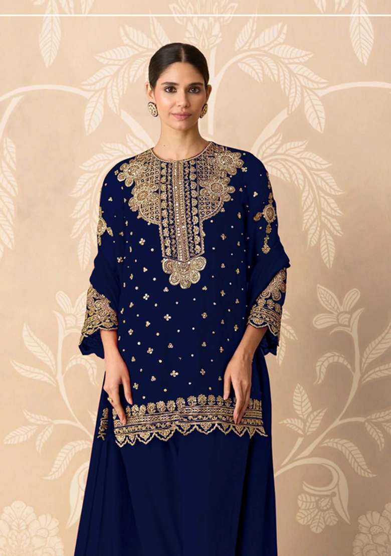 Blue Embroidered Georgette Kurta Set - Indya