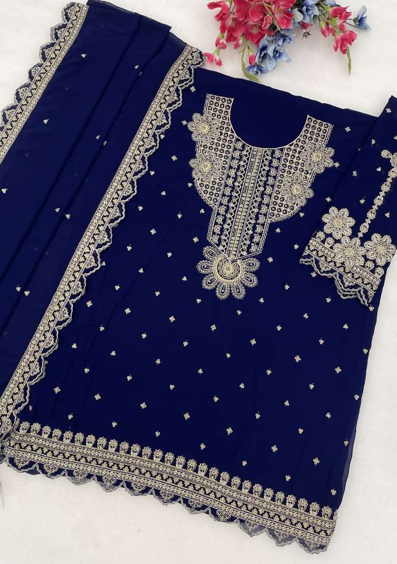 Blue Embroidered Georgette Kurta Set - Indya