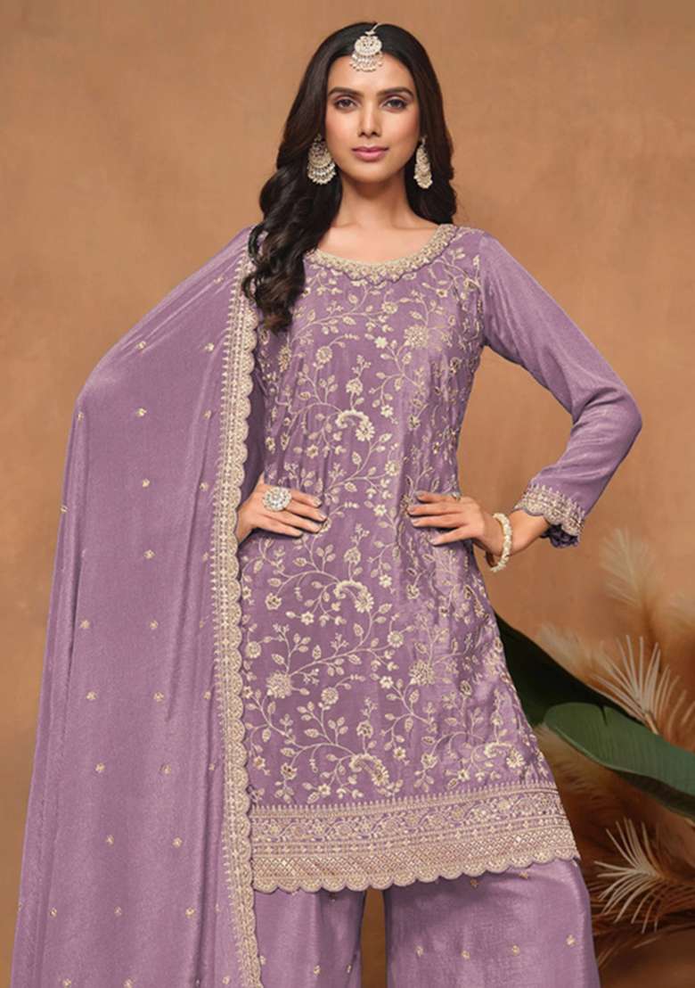 Purple Embroidered Silk Kurta Set - Indya