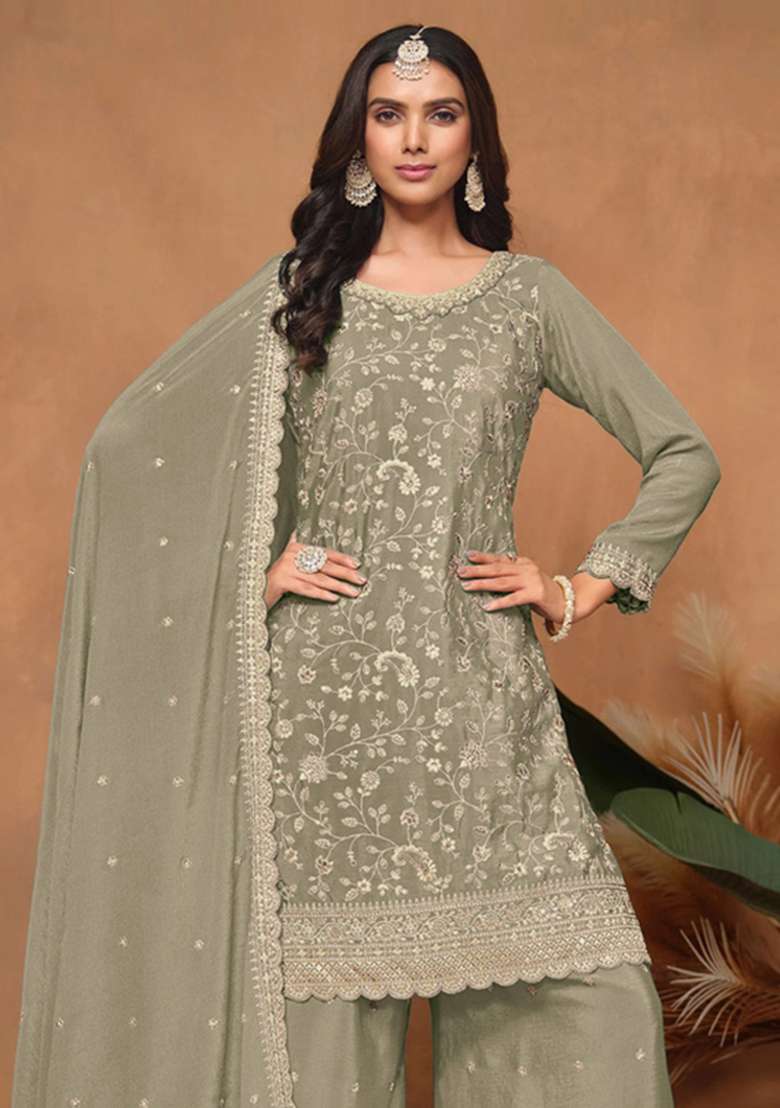 Green Embroidered Silk Kurta Set - Indya