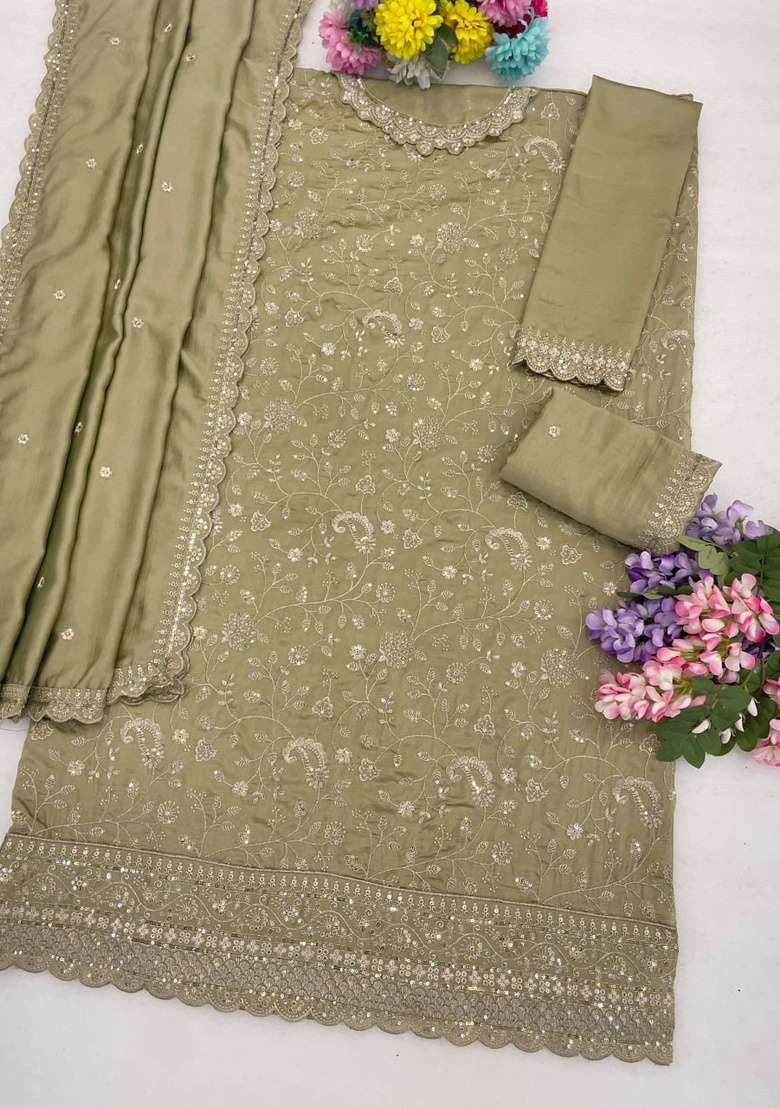 Green Embroidered Silk Kurta Set - Indya