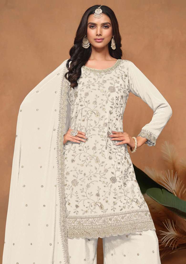 White Embroidered Silk Kurta Set - Indya