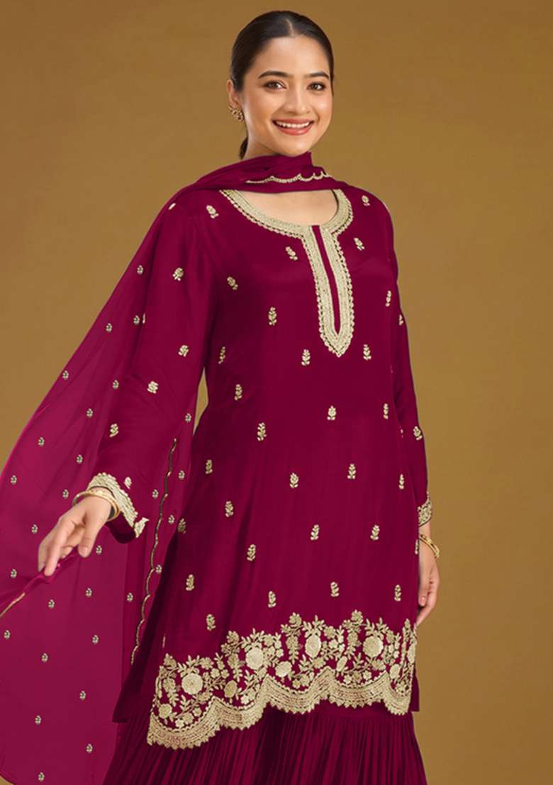 Pink Embroidered Georgette Kurta Set - Indya