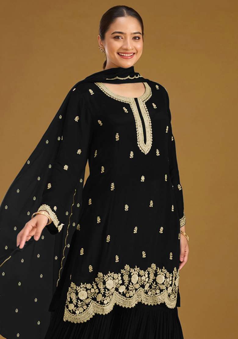 Black Embroidered Georgette Kurta Set - Indya
