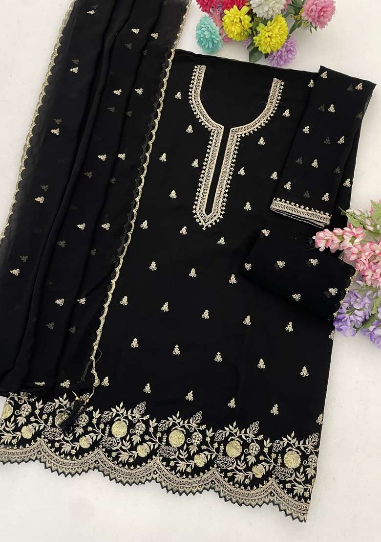 Black Embroidered Georgette Kurta Set - Indya