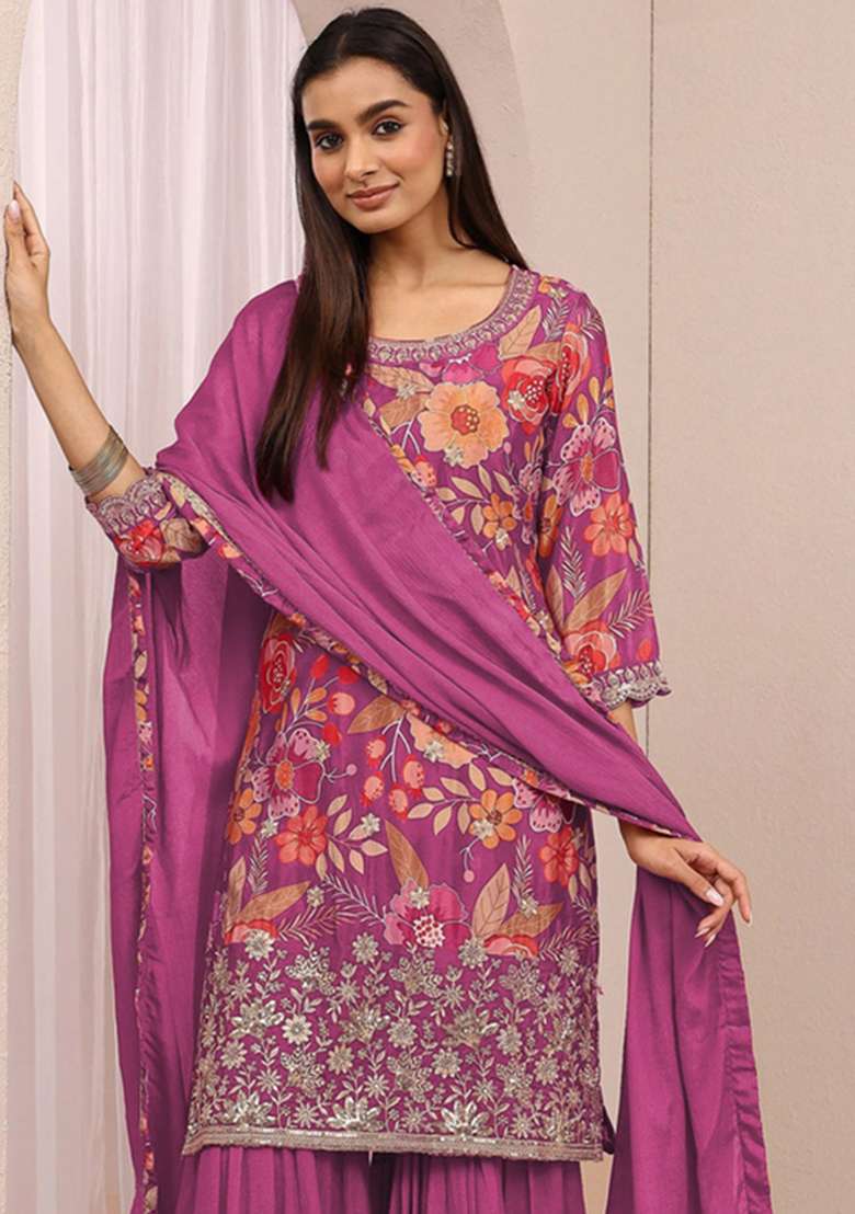 Pink Embroidered Silk Kurta Set - Indya