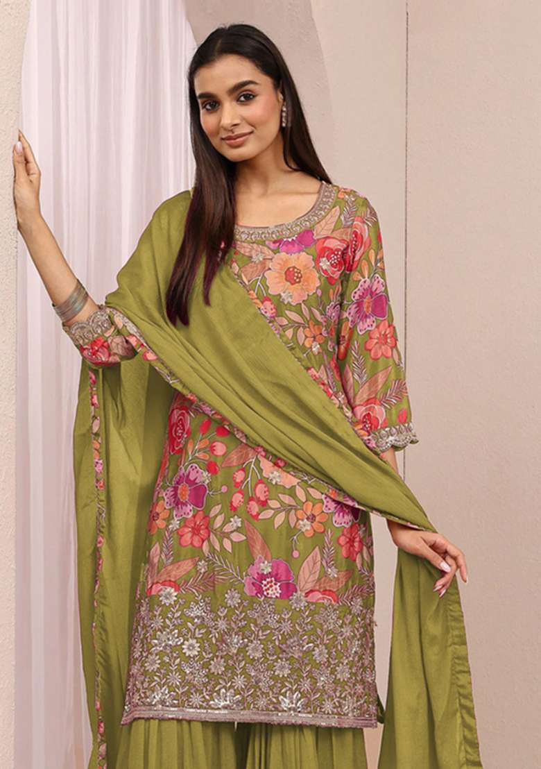 Mehendi Embroidered Silk Kurta Set - Indya