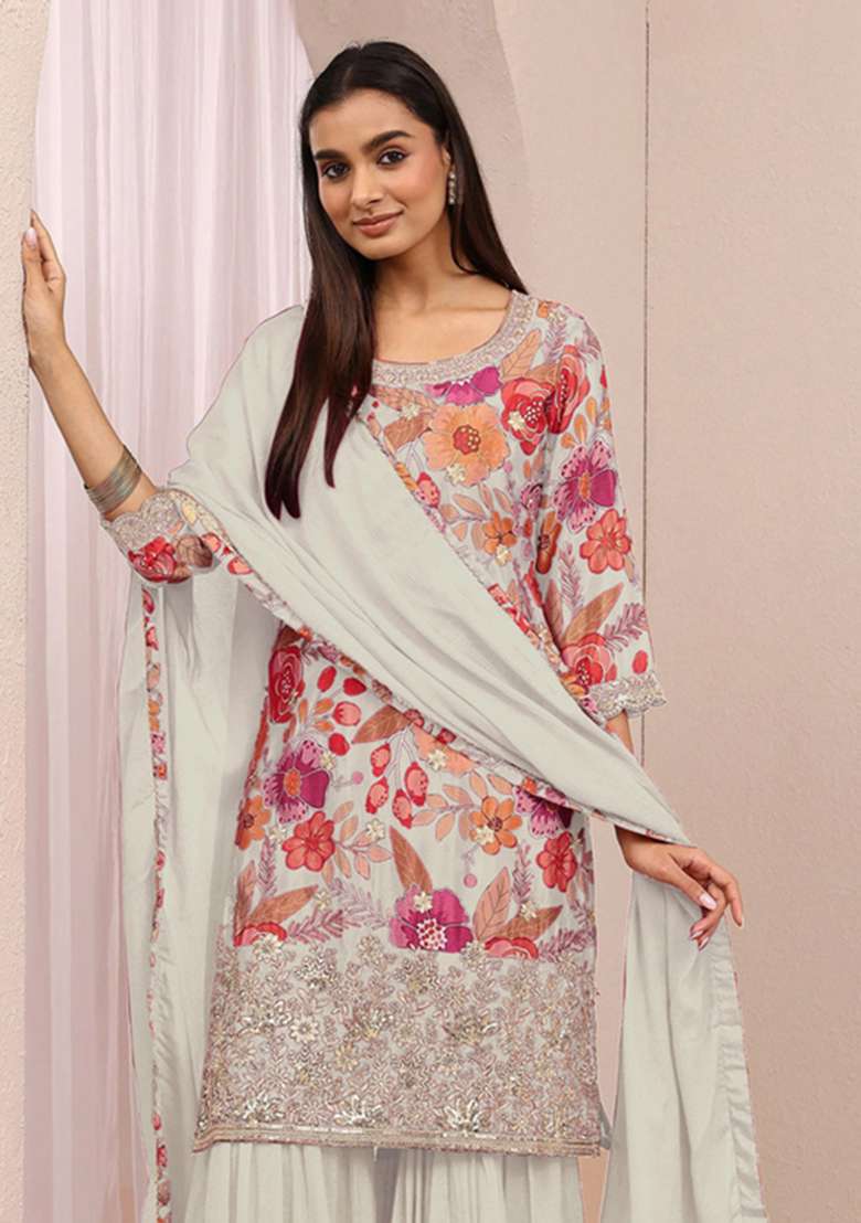 Off White Embroidered Silk Kurta Set - Indya