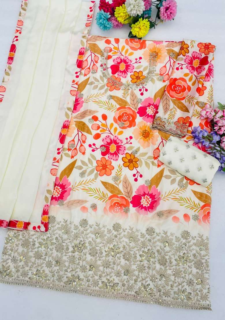 Off White Embroidered Silk Kurta Set - Indya