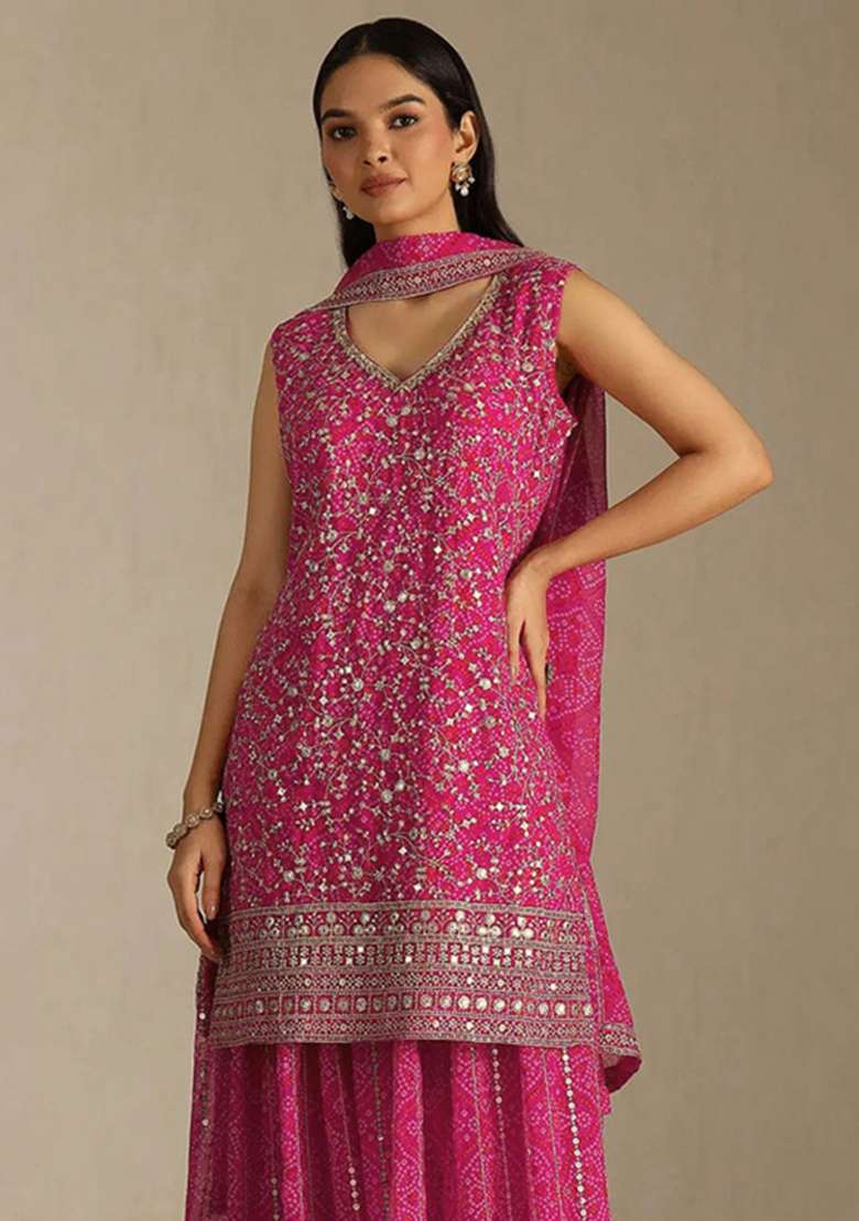 Pink Embroidered Georgette Kurta Set - Indya
