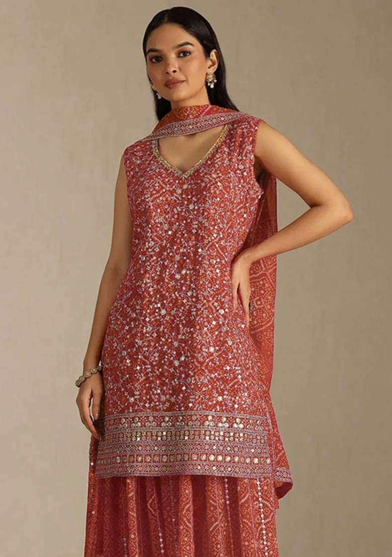 Rust Orange Embroidered Georgette Kurta Set - Indya