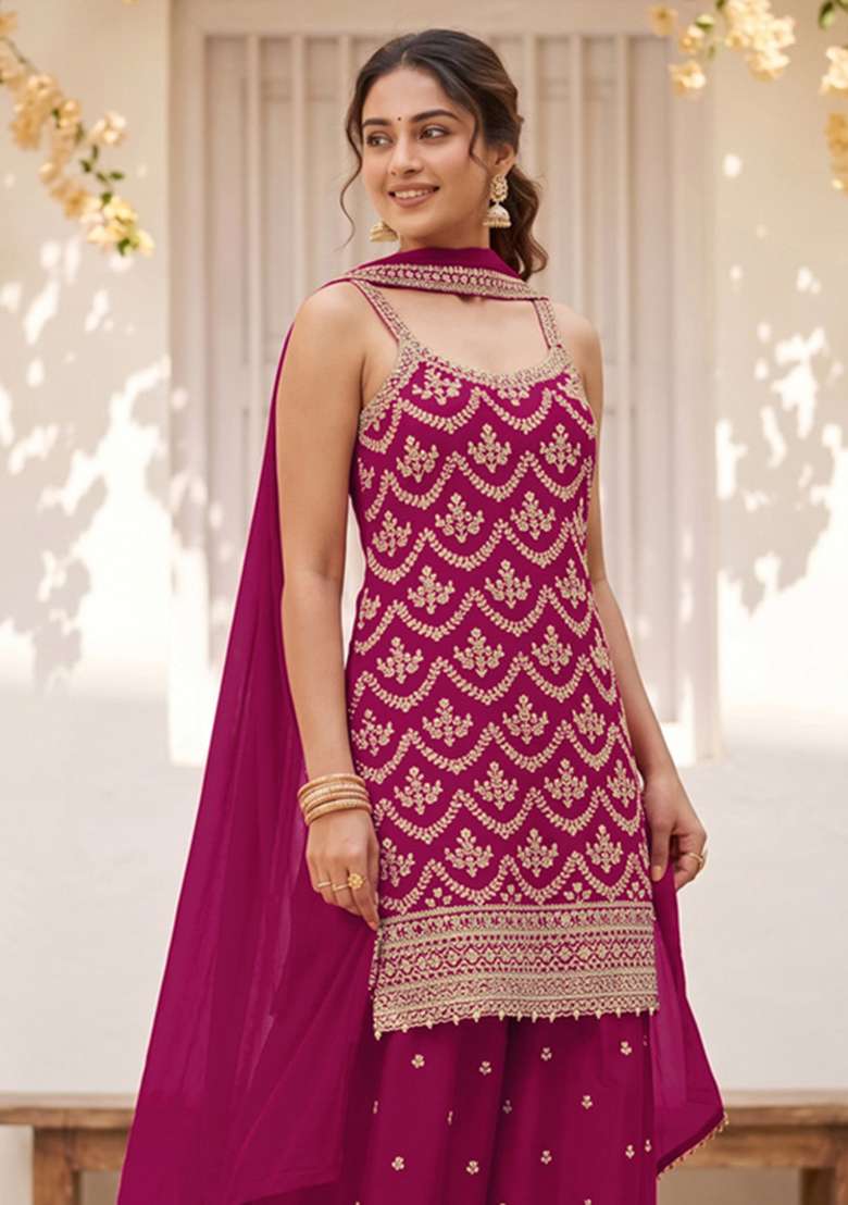 Pink Embroidered Silk Kurta Set - Indya