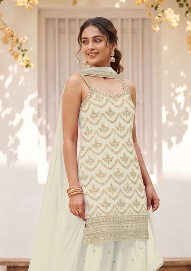 Off White Embroidered Silk Kurta Set - Indya