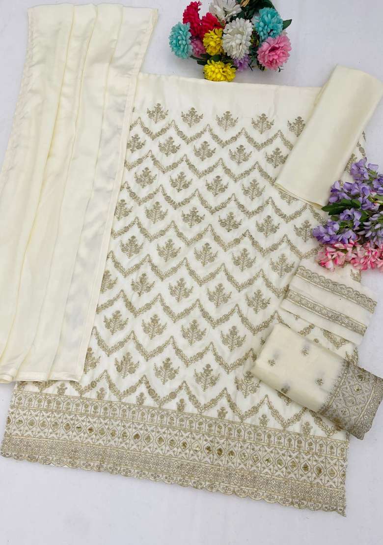 Off White Embroidered Silk Kurta Set - Indya