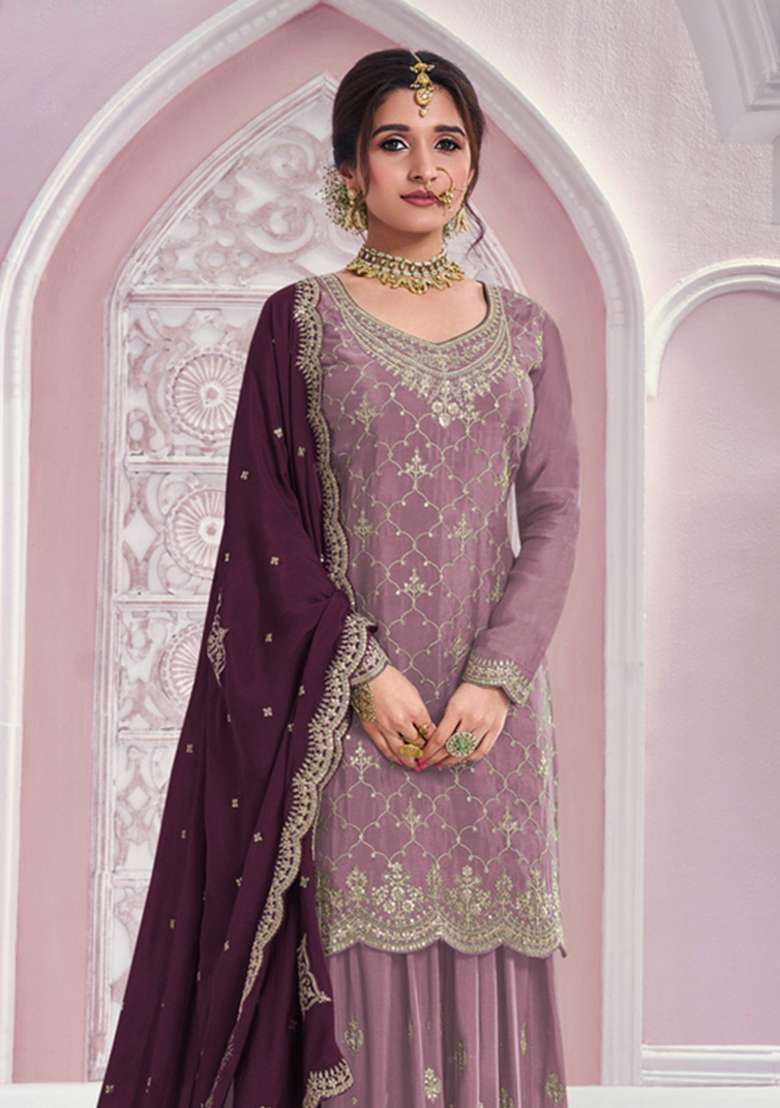 Onion Pink Embroidered Silk Kurta Set - Indya