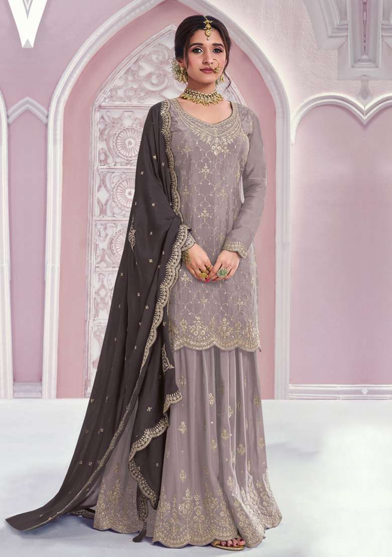 Coffee Embroidered Silk Kurta Set - Indya