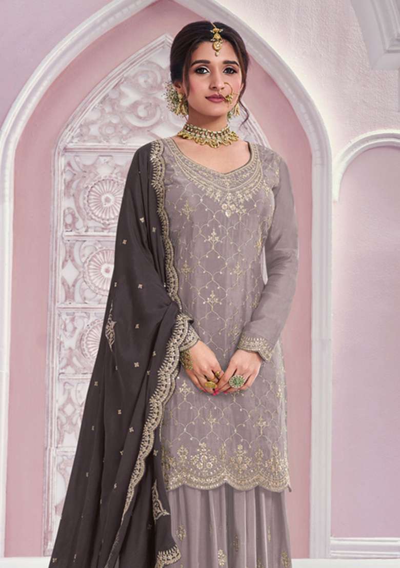 Coffee Embroidered Silk Kurta Set - Indya