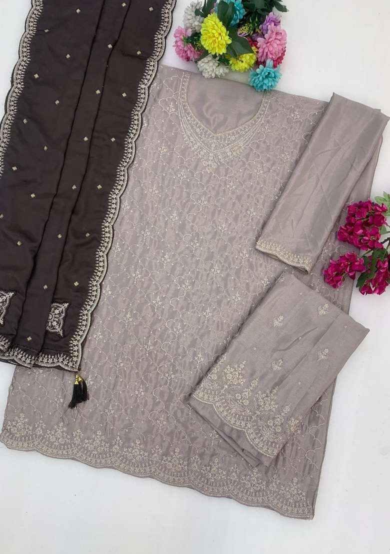 Coffee Embroidered Silk Kurta Set - Indya