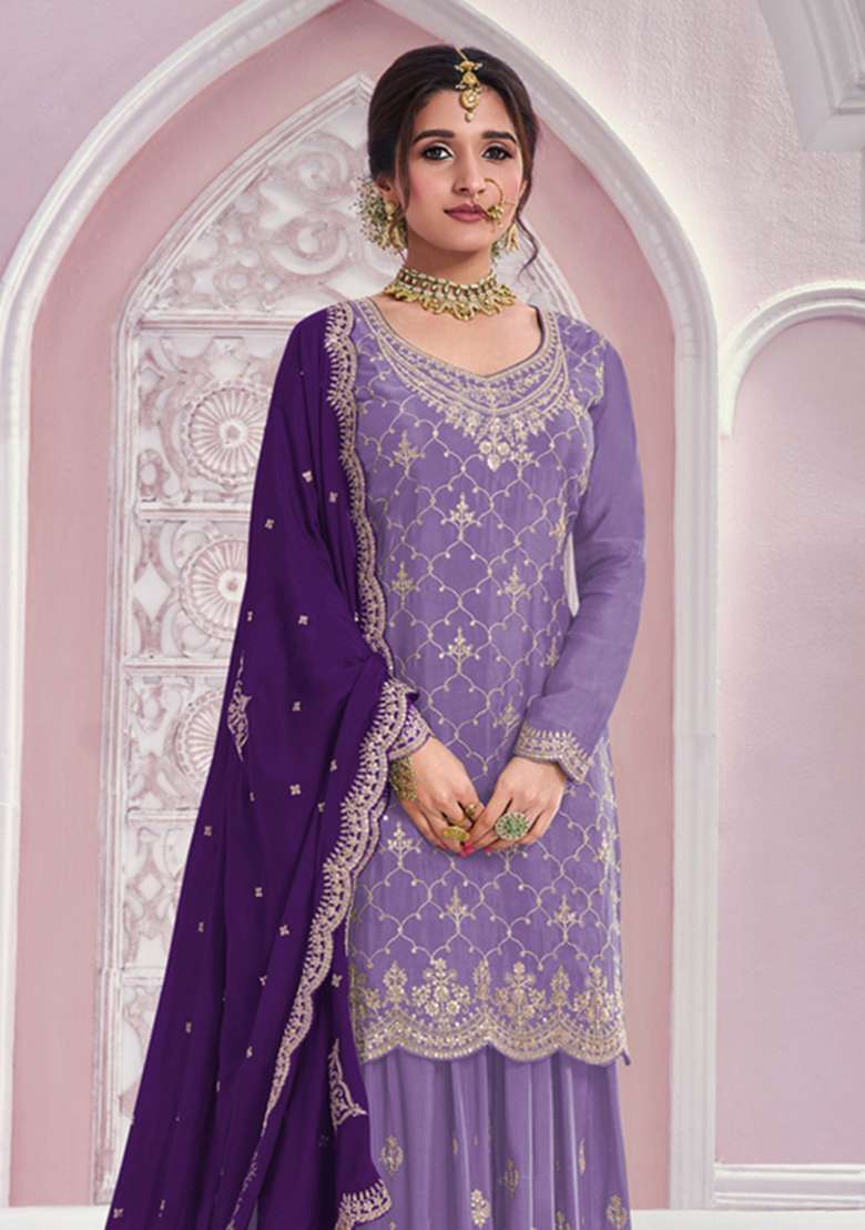Purple Embroidered Silk Kurta Set - Indya