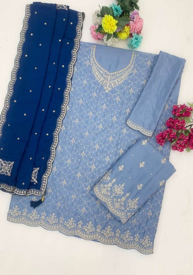 Sky Blue Embroidered Silk Kurta Set - Indya
