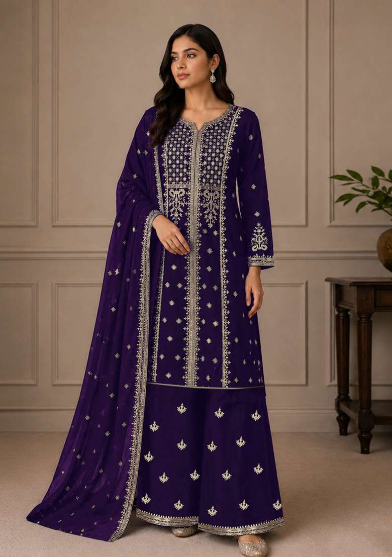 Purple Embroidered Georgette Kurta Set - Indya