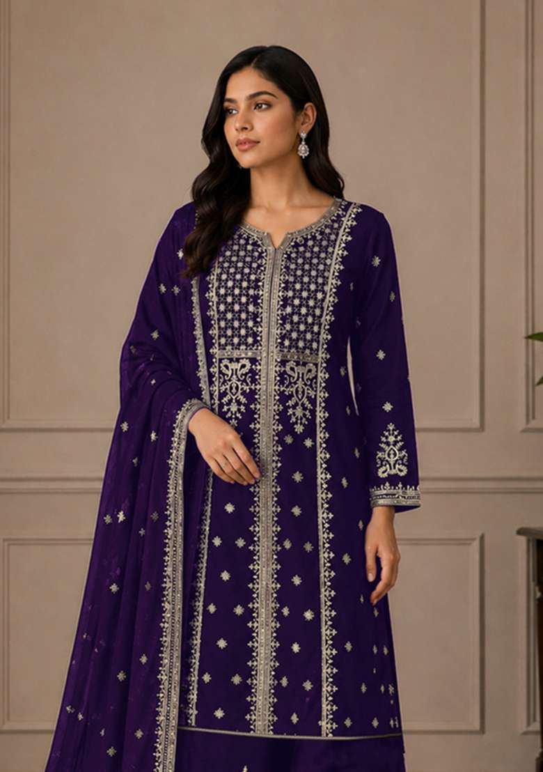 Purple Embroidered Georgette Kurta Set - Indya