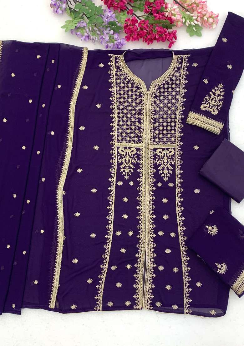 Purple Embroidered Georgette Kurta Set - Indya