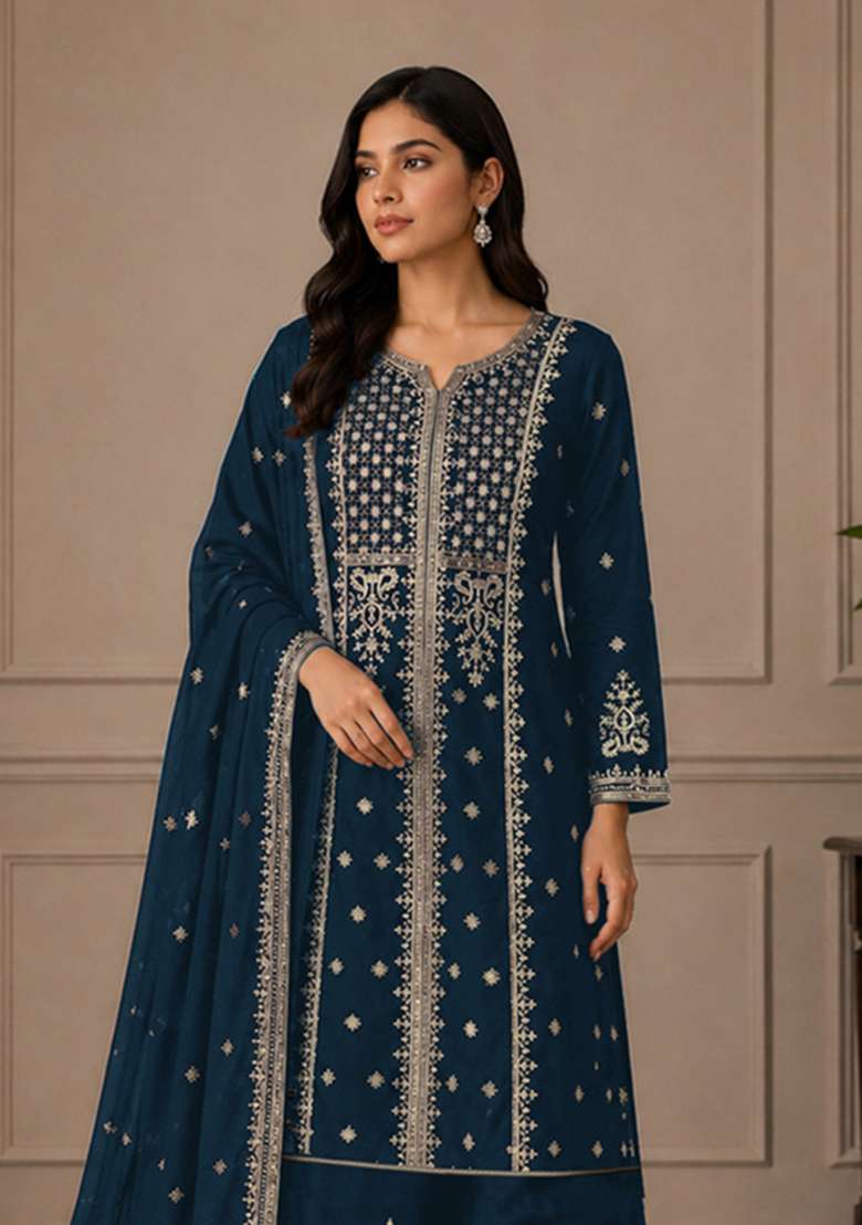 Rama Embroidered Georgette Kurta Set - Indya