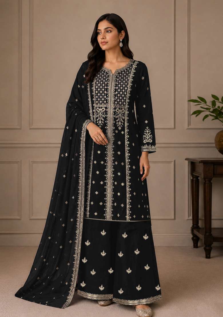 Black Embroidered Georgette Kurta Set - Indya