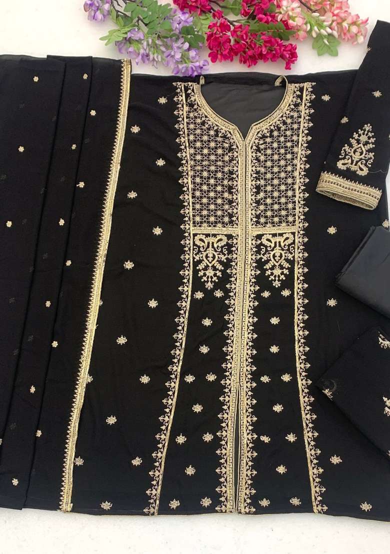 Black Embroidered Georgette Kurta Set - Indya