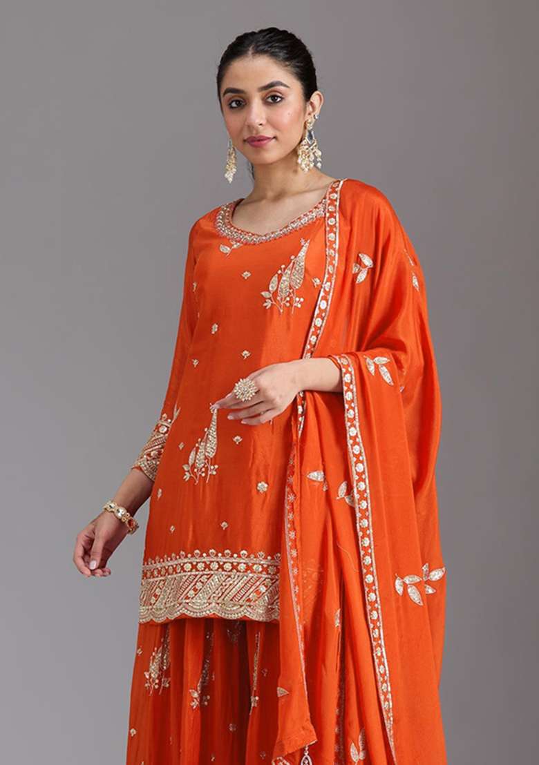 Rust Orange Embroidered Silk Kurta Set - Indya