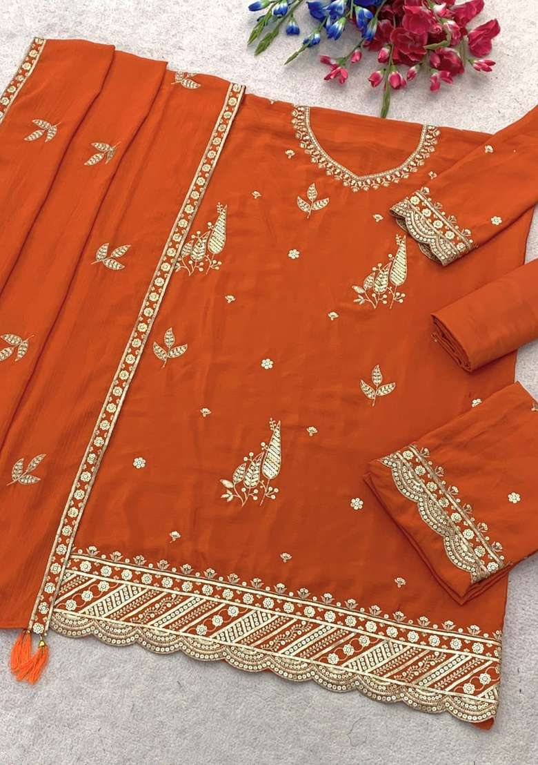 Rust Orange Embroidered Silk Kurta Set - Indya