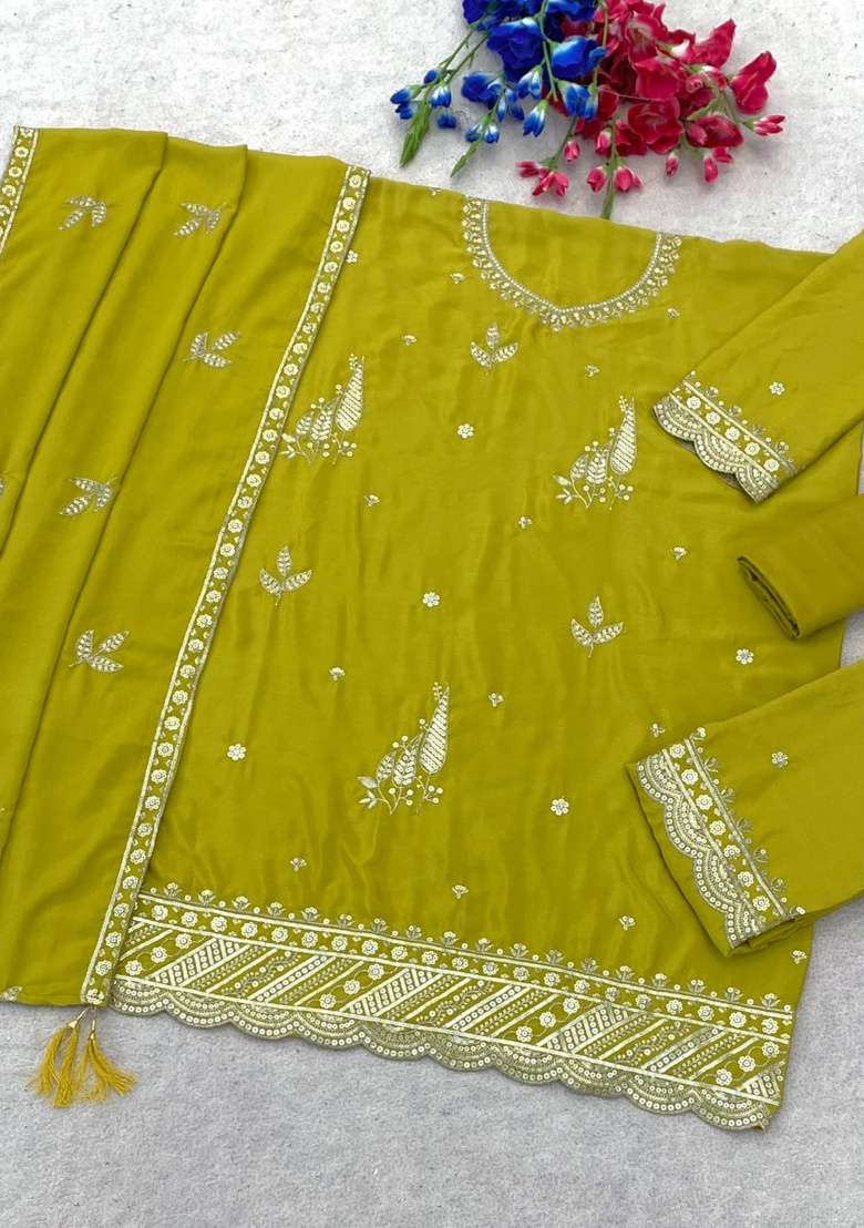 Green Embroidered Silk Kurta Set - Indya