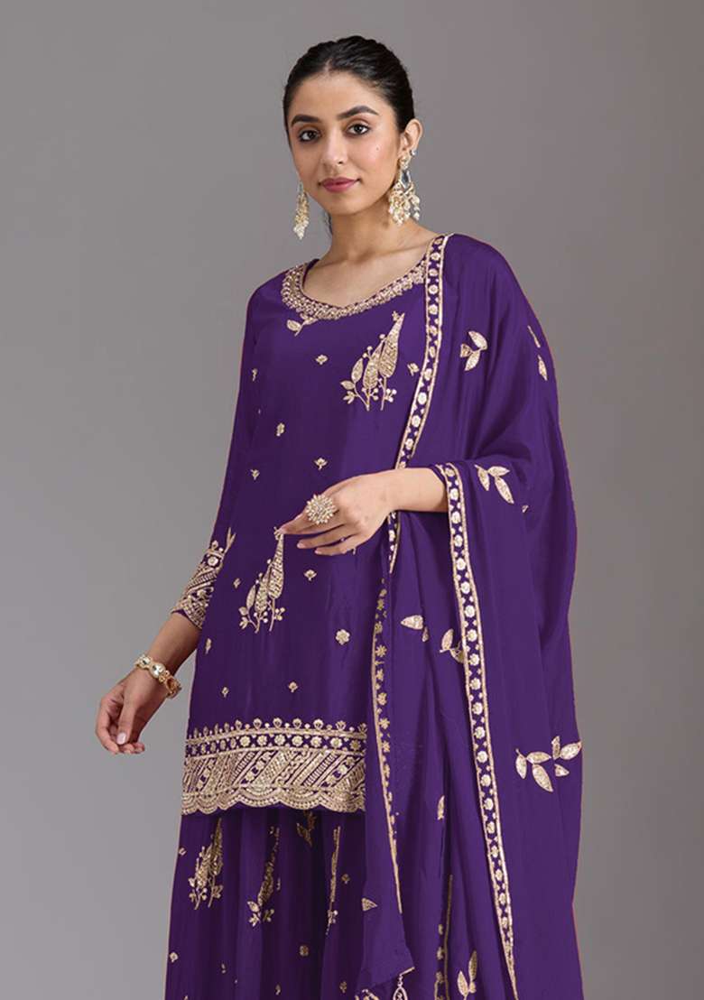 Purple Embroidered Silk Kurta Set - Indya