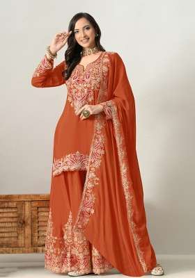 Rust Orange Embroidered Silk Kurta Set