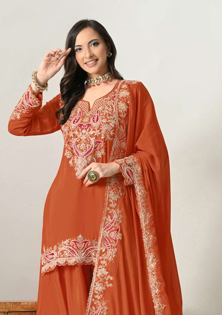 Rust Orange Embroidered Silk Kurta Set - Indya