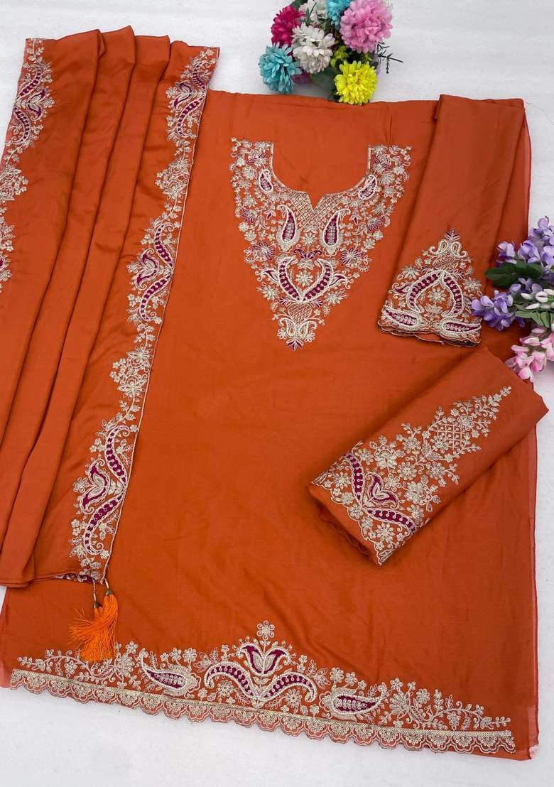 Rust Orange Embroidered Silk Kurta Set - Indya