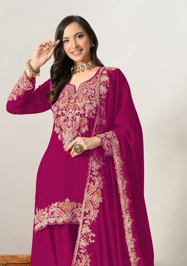 Pink Embroidered Silk Kurta Set - Indya
