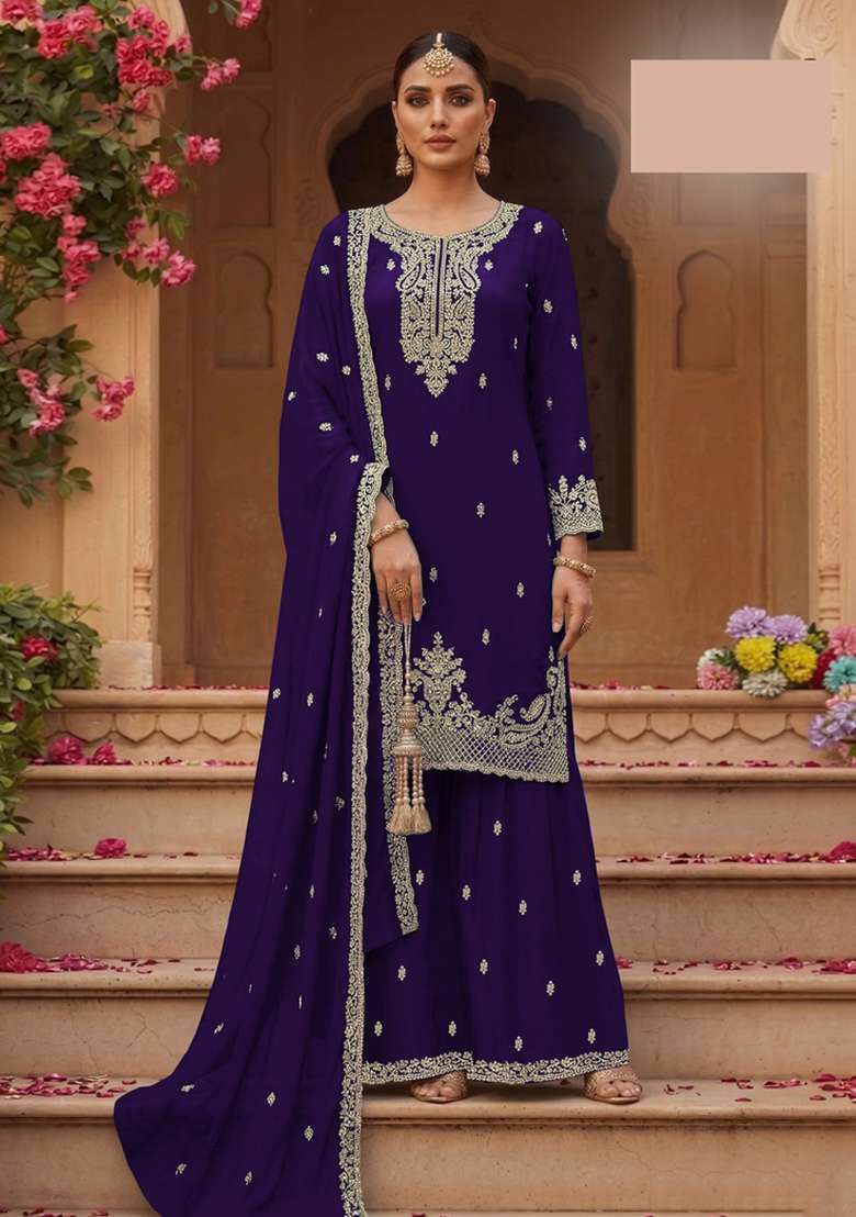 Purple Embroidered Georgette Kurta Set - Indya