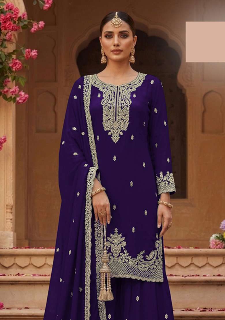 Purple Embroidered Georgette Kurta Set - Indya