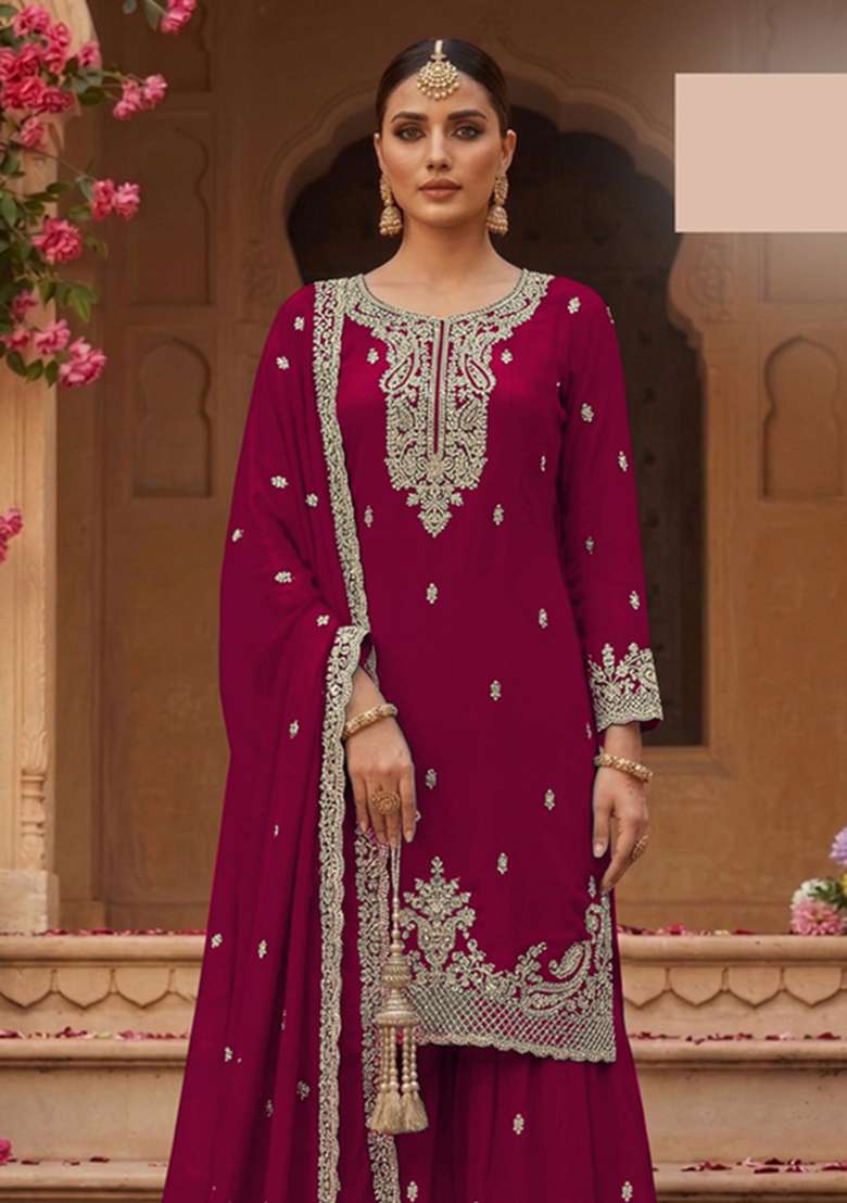 Pink Embroidered Georgette Kurta Set - Indya