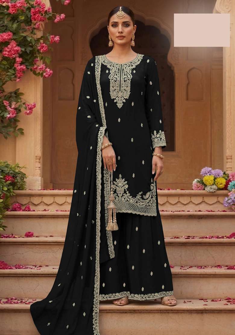 Black Embroidered Georgette Kurta Set - Indya